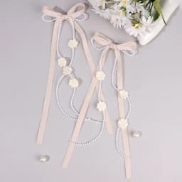 2Pcs White Satin Bow Hair Clips With Pearl Chains Elegant Long Ribbon Hairpins Sweet Romantic Hair Accessories For Girls Women