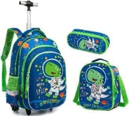 Bunnyfly Boys Rolling Backpack with Lunch Bag And Pencil Case - Wheeled Travel Trolley School Bag Stylish And Functional for Tra