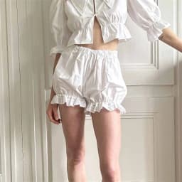Lamuusaa White Bloomers Ruffle Hem Bottoms Women Solid Color Elastic High Waist Panties Coquette Clothing y2k Victorian Shorts