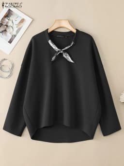 ZANZEA Women's Solid Color High-Low Sweatshirt with Scarf V-Neck Long Sleeve Knitted Pullover Tops Loose Casual Woman Clothing