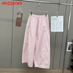 Women's White Elastic Waist Wide Leg Pants Summer Female Casual Loose Trousers