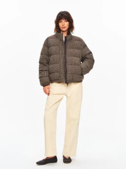 Taffa Autumn Winter Vintage Brown Toned Wool Stand Collar Floral Shaughnessy Checkered 90 White Goose down Jacket Women