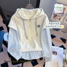 Korean chic minority stripe stitching and overlapping fake two-piece college loose hooded semi-zipper long-sleeved sweater top