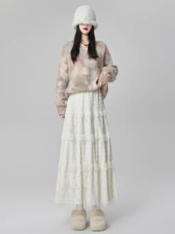 Gentle Wind High Waist A-Line Lace Splicing Long Skirt Women's Fairy Tale Cake Skirt Mid-Length Midi Skirt for Autumn Winter