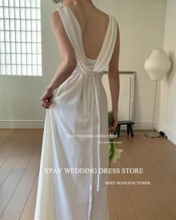 XPAY Elegant Scoop Neck Korea Wedding Party Dresses Cowl Backless Satin Customized Bride Dress Backless Bridal Gown Photos Shoot