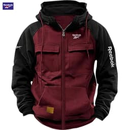 2026 Reebok New Autumn-Winter Men's Hooded Patchwork Casual Sweatshirt, Loose-Fit Fashionable Youth Multi-Pocket Padded Hoodie