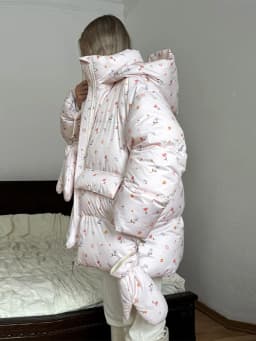 Women's Floral Print Hooded Puffer Jacket with Bow Decor Cute Oversized Winter Warm Coat Loose Casual Feminine Outerwear Fashion