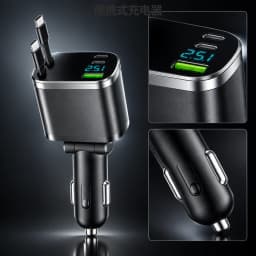 Retractable Cable PD Car Charger Digital Voltage Display Fast Charging Type C Car Cigarette Lighter Charger Adapter For Phone