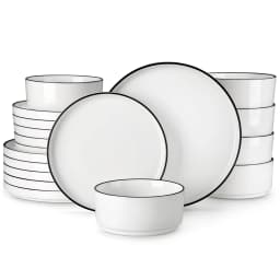 MALACASA 12/16/18/24 Piece Dinner Plates Sets Black Rim Half Standing Edge Dinnerware with 4/6PCS Dinner Plate/Dessert/Soup/Bowl