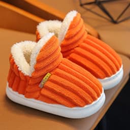 Winter Concise Stripe Children's Fluffy Slippers For Kids Boys Girls Non-slip Soft Sole Heel Wrap Warm High Home Cotton Shoes