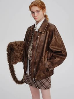Spring and Autumn Retro Distressed Brown Leather Jacket American Sweet Cool Motorcycle Pu Leather Jacket Short Jacket