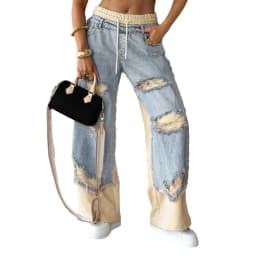 Summer Women's Large Hole Patchwork Jeans High Waist Wide Legs Trousers Cool Girl Casual Bottoms Female Denim Pants