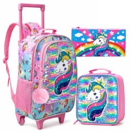 3PCS Rolling Backpack for Girls Kids Roller Wheels Bookbag with Lunch Bag Pink Unicorn Glow-in-the-dark Function