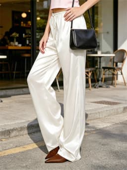 Women's Solid Color Satin Pants Elastic Drawstring Waist Loose Straight Trousers Summer Fall Elegant Casual Daily Long Pants