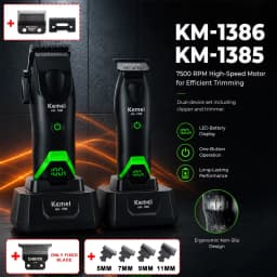 KEMEI 1386/1385 Professional Hair Clipper – Designed for Barbershops and Salons; Features Zero-Gap Blade for Fading, Detailed Styling, and Anti-Snag Performance