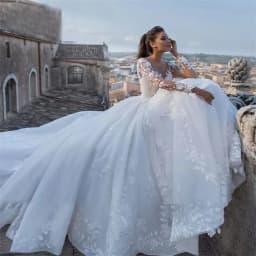 Customized Elegant White Wedding Dresses Illusion Long Sleeves Luxury Appliques Lace Bride Dresses Princess Tulle Wedding Gown