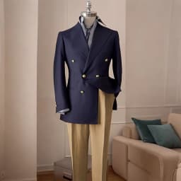 Timeless Men's Navy Blue Double Breasted Suit Summer Breathable Casual 2Piece Set Jacket+Yellow Linen Pants Wedding Groom Attir
