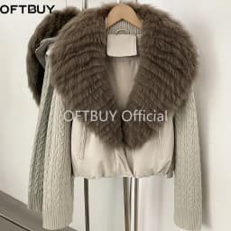 OFTBUY 90 White Duck Down Jacket Cable Knit Sleeve Zipper Drawstring Hem Cropped Coat Women Winter Real Layered Fox Fur Collar