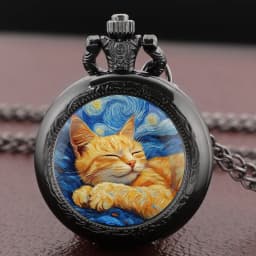 Sleep Cat Watch Black Quartz Pocket Watch Van Gogh's Art Vintage Accessory Women Necklace Pendant Clock Men Gifts for Cat Lover