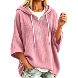 Women Waffle Knit Hoodie Half Zip Drawstring 3/4 Batwing Sleeve With Side Pockets Loose Oversized Pullover Solid Autumn Hoodies