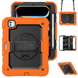 for iPad Pro11 M4 A2836 2024 , Military Grade Shockproof Protector Silicone Cover Pencil Holder+Handle Shoulder Strap