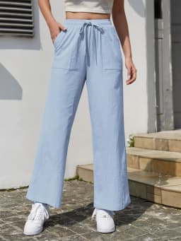 Women's Solid Color Loose Wide Leg Pants Casual Drawstring Straight Pants Pocket Casual Pants Trousers Loose High Waisted Pants