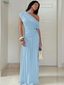 Hugcitar One Shoulder Ruched Sleeveless Solid Pleated Sexy Irregular Y2K Maxi Dress Summer Elegant Party Women Clothes Vacation