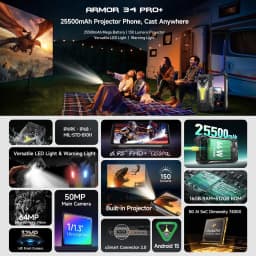 Ulefone Armor 34 Pro+ Rugged Smartphone 5G Projector 6.95" 120Hz 16GB+512GB 25500mAh 66W 64MP Night Vision Android 15 NFC