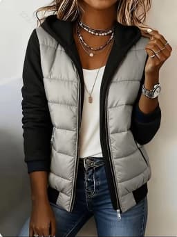 Women's Color Block Hooded Puffer Jacket -Quilted Zip Up Coat with Contrast Sweatshirt Sleeves, Casual Lightweight Winter Outer