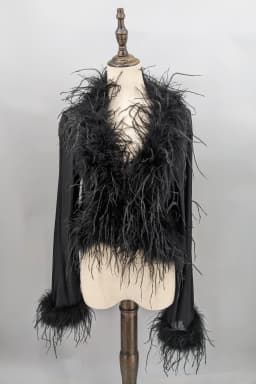 Women See-Through Top with Real Ostrich Feather Brown Black Cropped Jacket Top Bolero 240711