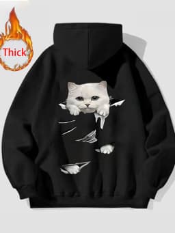 Cute Cat Thick Hoodies Women Fall Winter Warm Loose Long Sleeve Soft Tops Coats Vintage Lady Casual Preppy Style Kawaii Pullover