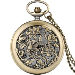 Vintage Bronze Flowers Quartz Analog Pocket Watch Gift Men Women Necklace Pendant Pocket Clock Arabic Numerals Dial Retro Watch
