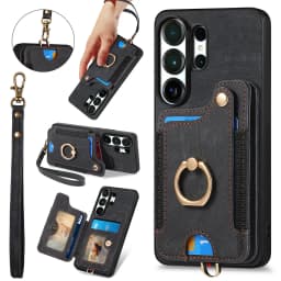 Ring Holder Cards Solt Leather Wallet Case For Samsung S25 Ultra S24 Plus S23 A16 A17 A07 Magnetic Kickstand Pocket Strap Cover