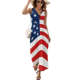 American Flag Dress Patriotic Flag Star Design Boho Beach Long Dresses V Neck Print Maxi Dress Korean Fashion Clothes Oversize