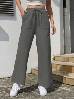 Women's Solid Color Loose Wide Leg Pants Casual Drawstring Straight Pants Pocket Casual Pants Trousers Loose High Waisted Pants