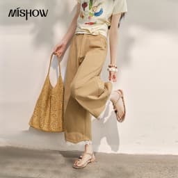 MISHOW Khaki High Waisted Wide Leg Cropped Pants For Women 2026 Summer Lace Trimmed Hem Retro Casual Loose Pants MXF24K1294