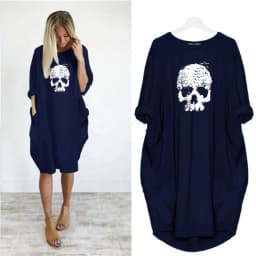 Women's Summer Loose Skull Print Round Neck Long Sleeve Pocket Comfortable Casual P lus Size Dress ashion Streetwear Oversized