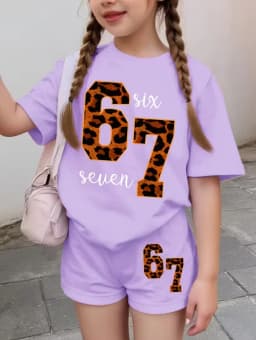 Funny Six Seven Italian Brainrot 67 Leopard Print Kids Short Sleeve Suit Children Clothing T-Shirt+ Shorts 2pc Set Girls Clothes