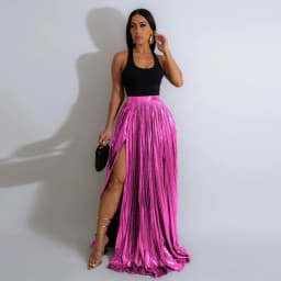 CM.YAYA Women Fashion 2024 Spring High Side Split Big Swing Pleated Floor Length Skirt High Waist Street Party Long Maxi Skirts