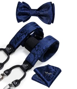 Adjustable Slive Paisley Suspender Self-tie Bowtie Pocket Square Cufflinks Set Luxury 6 Clips Mental Elastic Classic straps