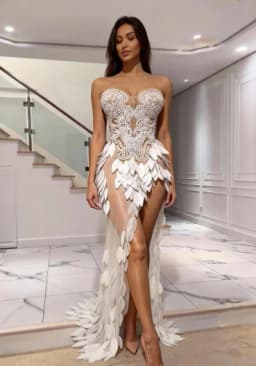 New Arrival Women Sexy Strapless Sequined Leaves Mesh Bodycon Mermaid Dress Beading Elegant Evening Wedding Party Outfit