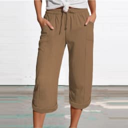 Women 3/4 Muslin Trouser Lightweight Linen Pants With Pockets Causal Loose Capri Trousers Elastic Comfortable Fabric Bottom