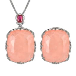 Large Cushion Cut Pink Rose Quartz Pendant Necklace Adjustable Ring Red Ruby Accent Statement Jewelry for Women Party Gift