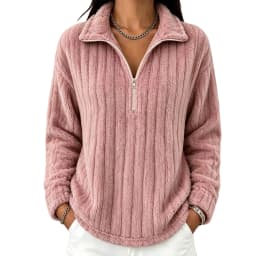 Women's Autumn Winter Turn Collar Ribbed Fleece-lined Warm Zip-up Long-sleeved Sweatshirt