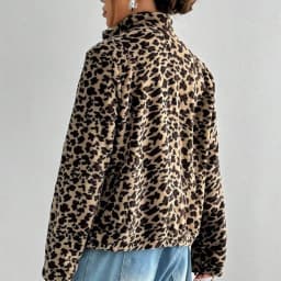 IG Women Leopard Print Stand Collar Zip-Up Fuzzy Jacket, Long Sleeve Warm Fluffy Short Coat, Winter Casual Street Outerwear