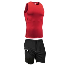 Men's Workout Running Athletic Clothing Set Sleeveless Compression Shirt Tank Top 2-in-1 Gym Shorts with Phone Pocket Towel Loop