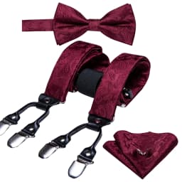Burgundy Black White  Mens Suspender Adjustable 6 Clips Jacquard Braces Bowtie Hanky Cufflinks Set Silver Gold
