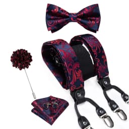 Luxury White Men's Suspenders Adjustable 6 Clips Braces DiBanGu Leather Metal Pre-Tied Bow Tie Brooch Pocket Square Set