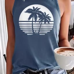 Women's Summer Coconut Tree Print Loose Large Breathable and Comfortable Sleeveless Tank Top T-shirt