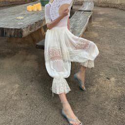 Women Floral Lace Sheer See-through Patchwork Bloomers Casual Loose Drawstring Elastic High Waist Cropped Capri Pants Trousers